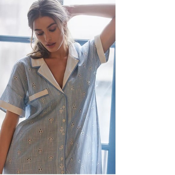 Anthropologie Cezzane Striped Eyelet Dress size M new with tag nwt blue - Picture 2 of 7